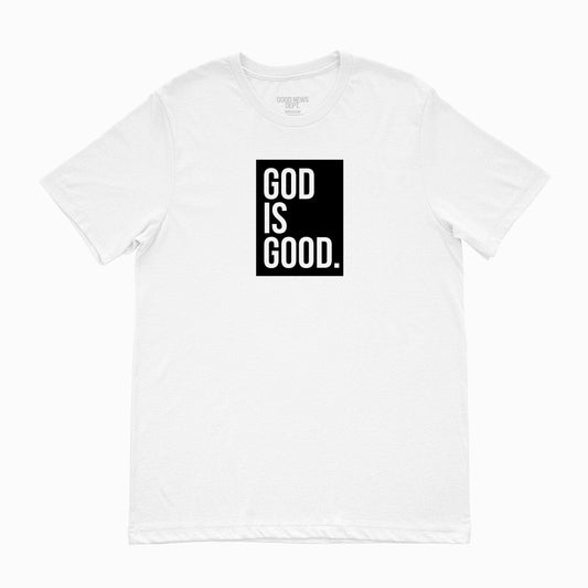 God Is Good Box Logo Tee  White Black | The Good News Department